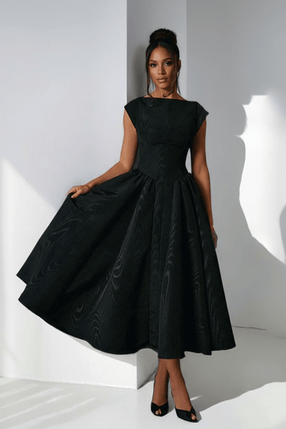 Backless A-Line Midi Dress Cap Sleeve Plus Size Women black
