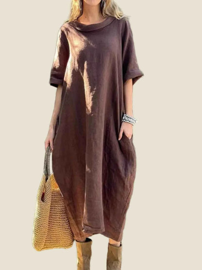 Boho Midi Dress Oversized Round Neck Casual Dress