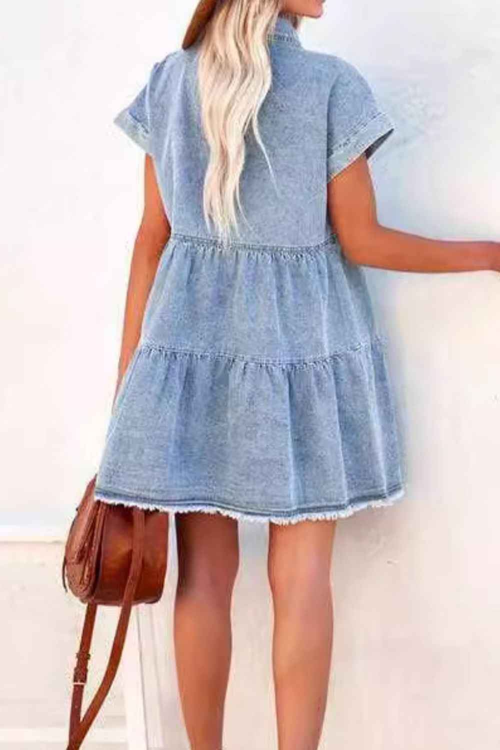 Raw Hem Frilled Cotton Denim Mini Dress