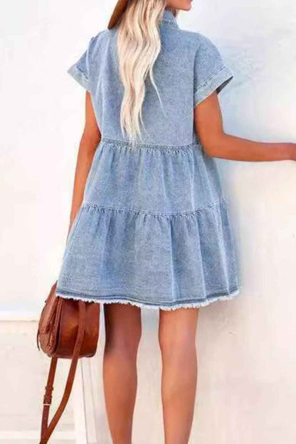 Raw Hem Frilled Cotton Denim Mini Dress
