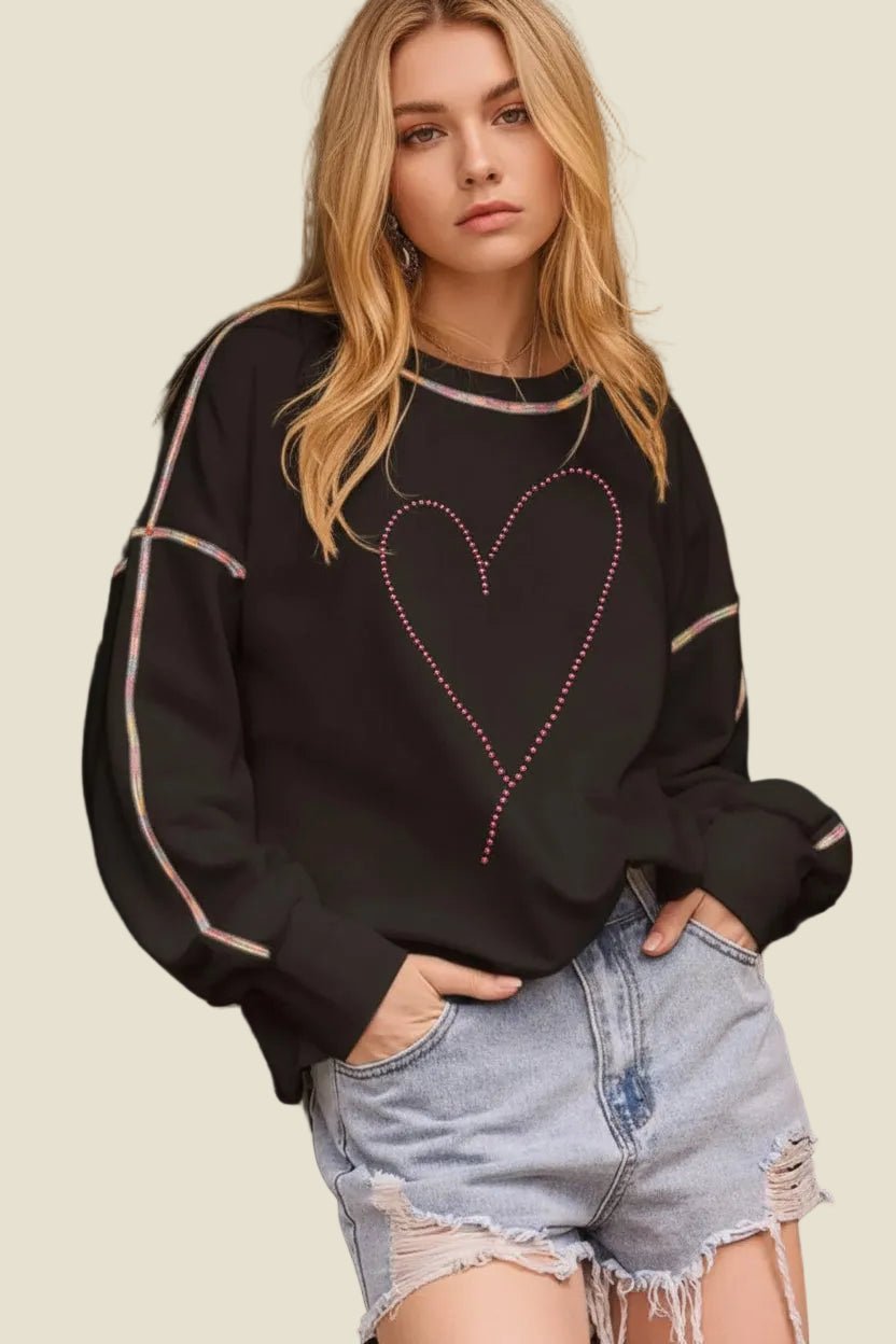 women_fashion - littlescollectionSweatshirt womenValentine’s Day Rhinestone Heart Dropoed Shoulder SweatshirtExposed seam cotton sweatshirt
