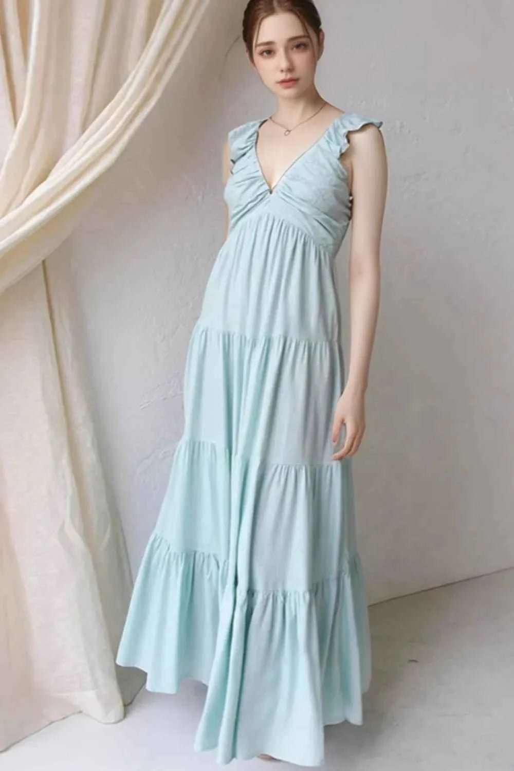women_fashion - littlescollectionDressOff - White Cotton V - Neck Tiered Smoked Ruffled Long DressLinen long dresses