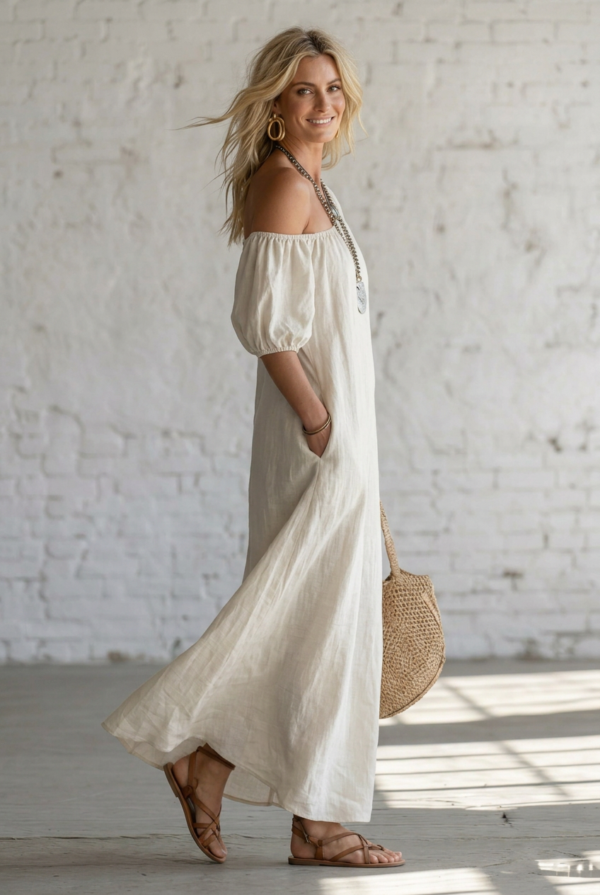 A woman wearing a flowing off-the-shoulder maxi dress in a light cream or off-white color, styled with layered silver necklaces, gold hoop earrings, a woven straw tote bag, and strappy sandals, standing against a white brick wall.