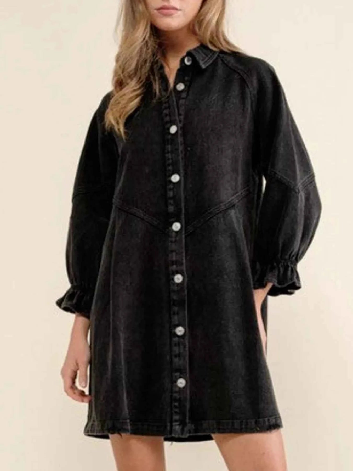women_fashion - littlescollectionRuffled Cuff Button - Down Denim Dress