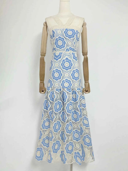 women_fashion - littlescollectionCotton dressLace Sleeveless Cotton Floral Print Tiered Long Dress