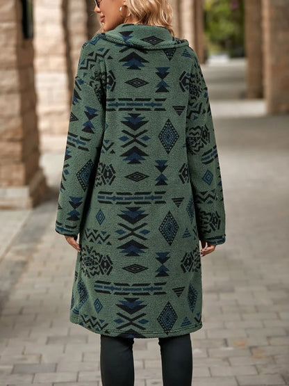Person wearing a green patterned coat on a street.