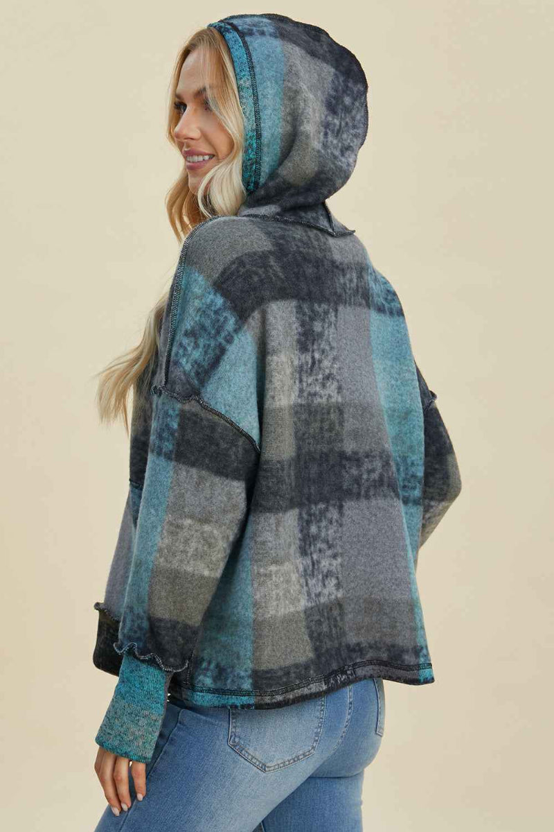 DT Plaid Dropped Shoulder Fleece Hoodie
