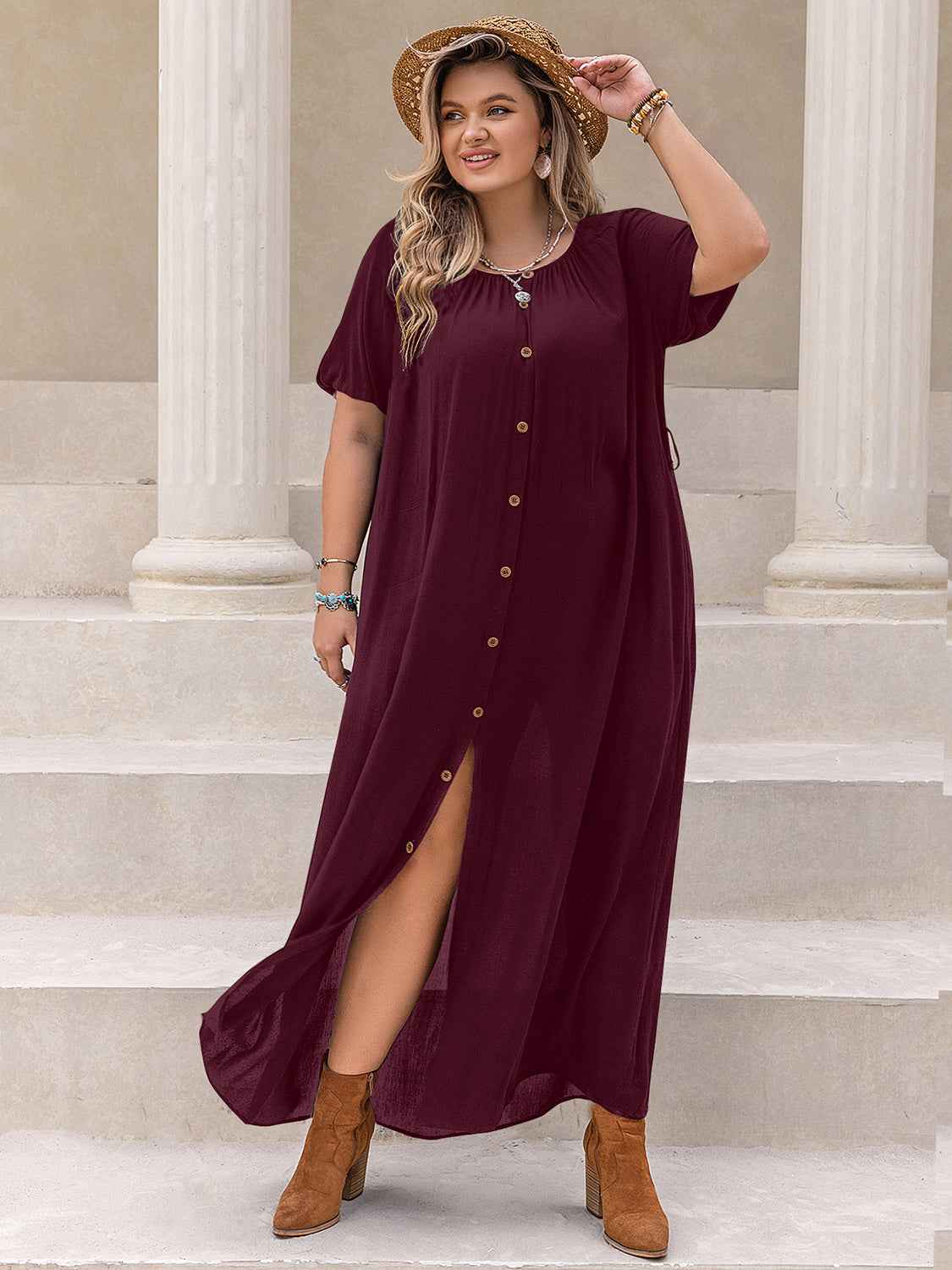 Plus Size Round Neck Slit Dress