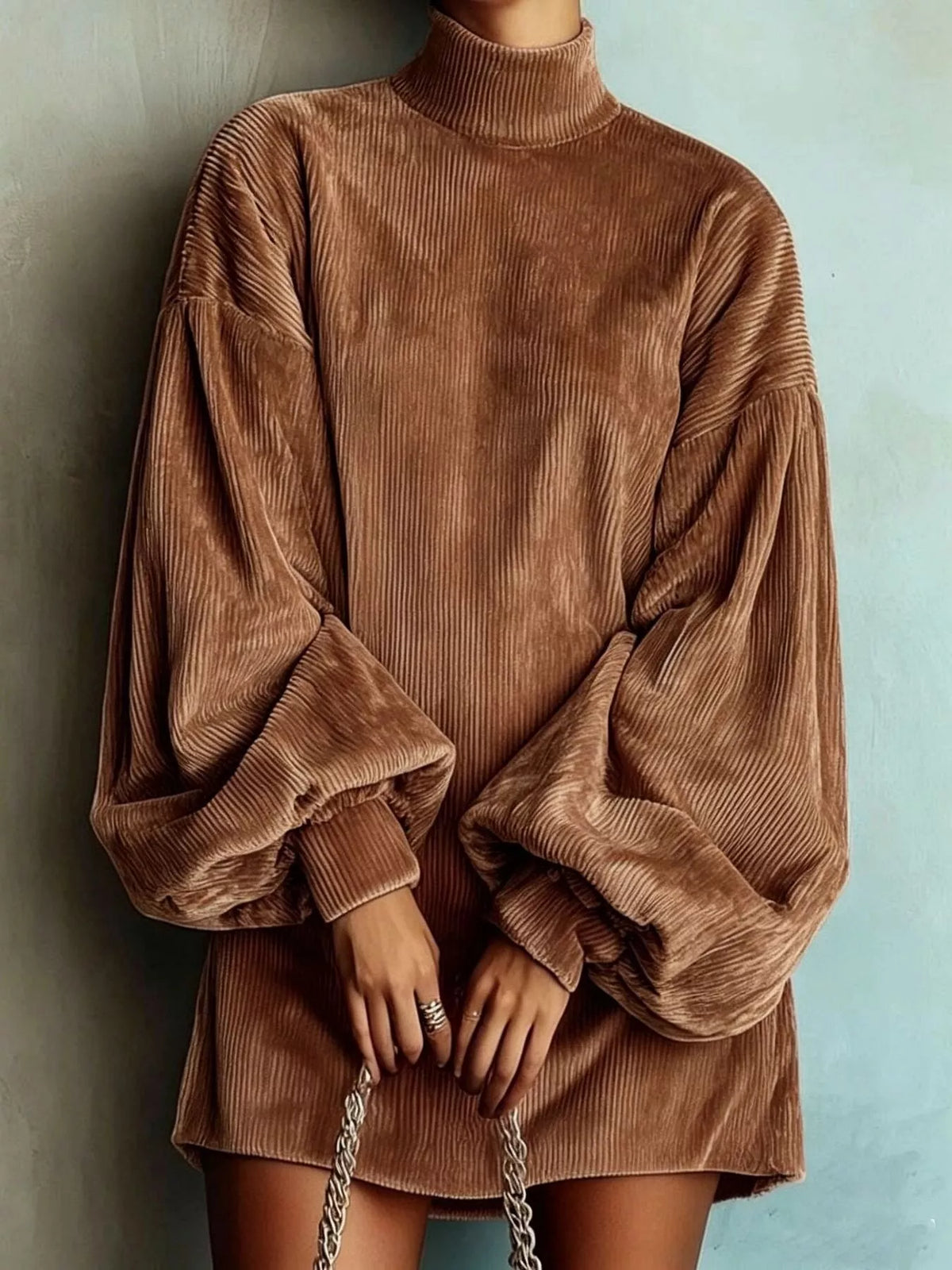 A person wearing an oversized brown corduroy mock-neck dress with voluminous balloon sleeves, standing against a textured light blue wall and holding a silver chain bag.