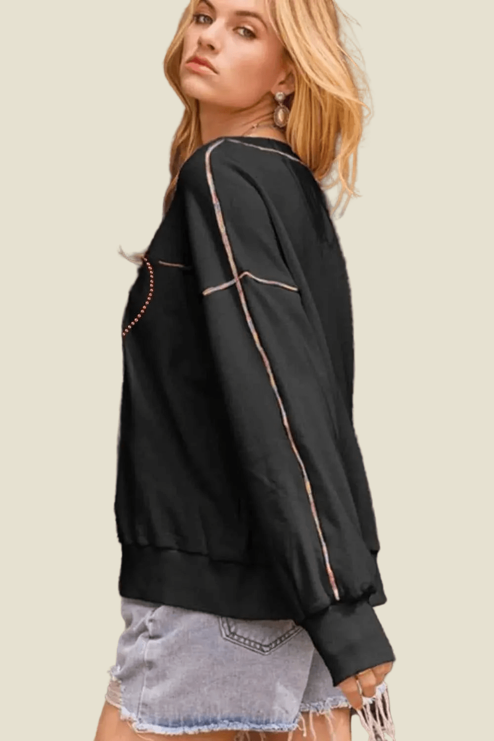 women_fashion - littlescollectionSweatshirt womenValentine’s Day Rhinestone Heart Dropoed Shoulder SweatshirtExposed seam cotton sweatshirt