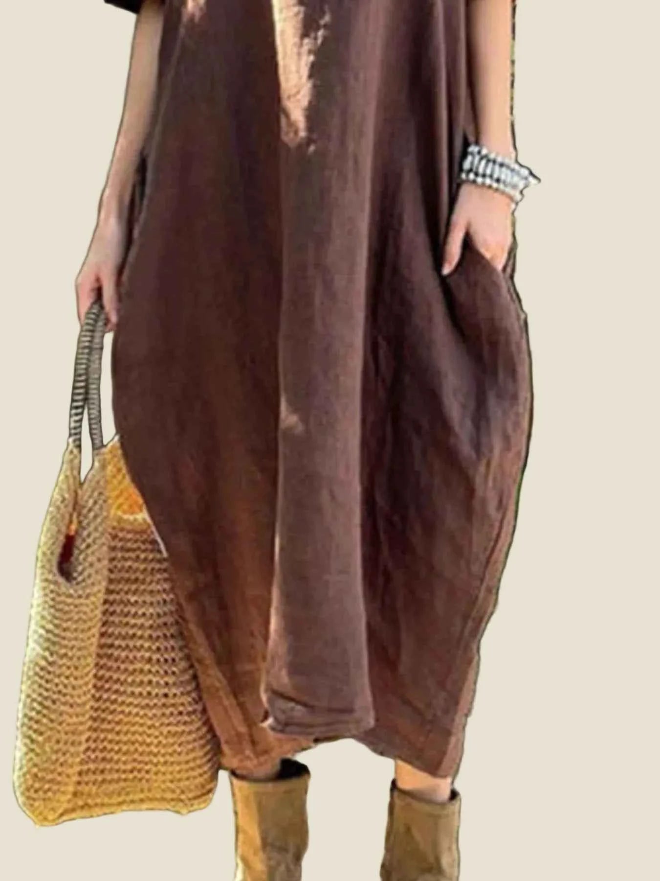Boho Midi Dress Oversized Round Neck Casual Dress