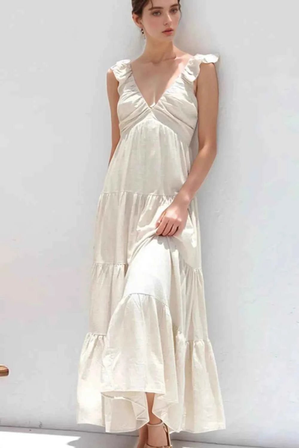 women_fashion - littlescollectionDressOff - White Cotton V - Neck Tiered Smoked Ruffled Long DressLinen long dresses