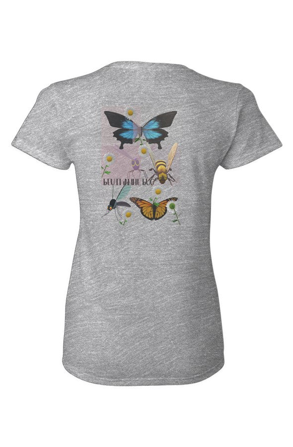 Gray t-shirt with butterfly and bee design on a white background