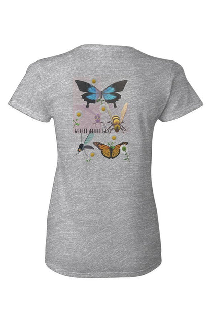 Gray t-shirt with butterfly and bee design on a white background