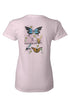A light pink short-sleeve t-shirt shown from the back, featuring a colorful graphic print of a butterfly, bee, hummingbird, and other nature elements with the text &