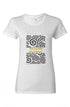 White t-shirt with black and yellow spiral design and &