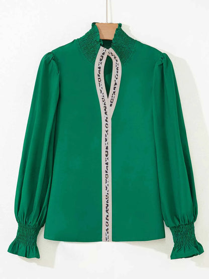 women_fashion - littlescollectionblousePuffy Flounce Sleeve Leopard Trim Green Cotton BlouseSYNZ