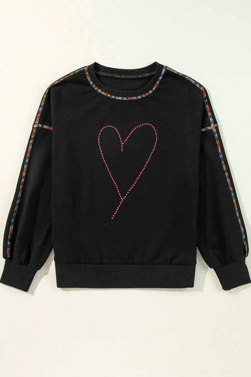 women_fashion - littlescollectionSweatshirt womenValentine’s Day Rhinestone Heart Dropoed Shoulder SweatshirtExposed seam cotton sweatshirt