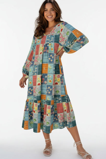 women_fashion - littlescollectionCotton dressFloral Boho Checkered Cotton V - Neck Dress