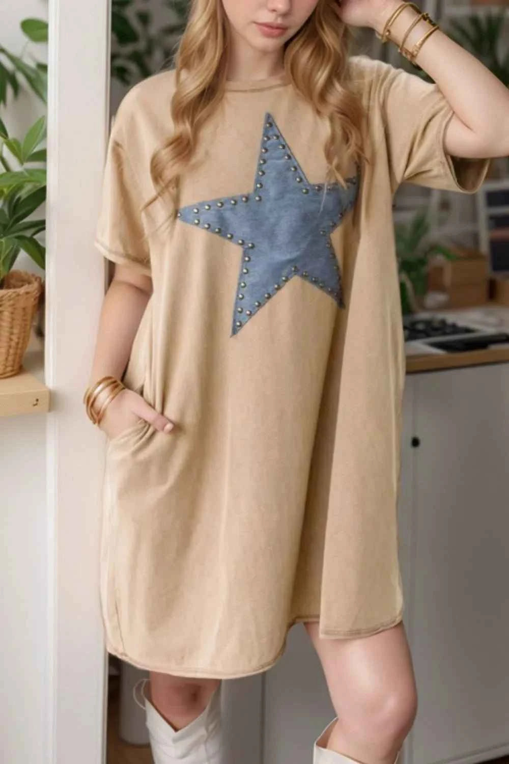 Stud Beaded Star Pocket Cotton Shirt Dress