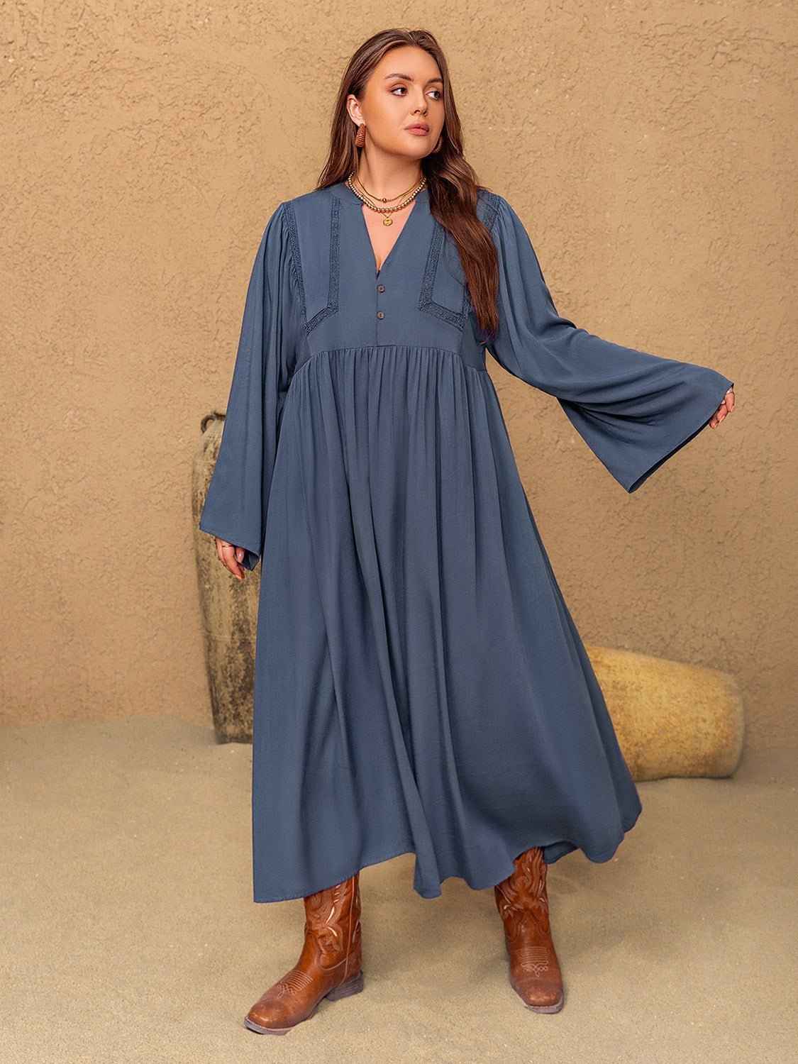 Plus Size Lace Detail Notched  Long Dress