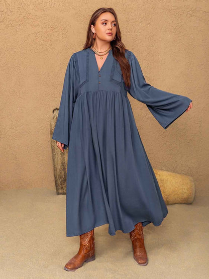 Plus Size Lace Detail Notched  Long Dress