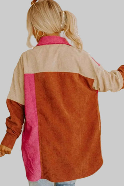 women_fashion - littlescollectionShacketColor Block Boho Curved Hem Corduroy Shacket with Pocketjacketswomen fashion