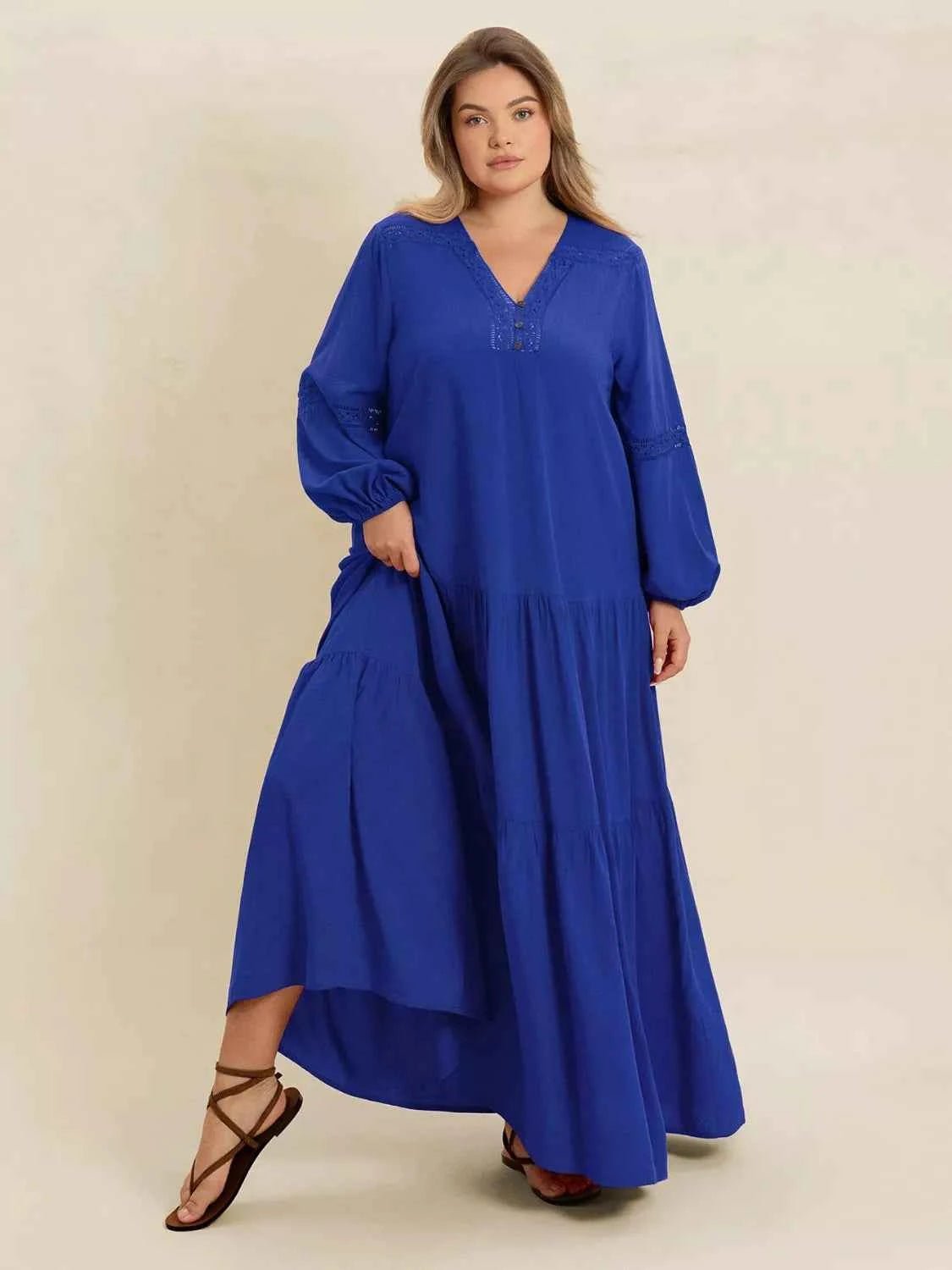women_fashion - littlescollectionDressPlus Size Bohemian Tiered Maxi Dress with Balloon SleevesRusttydustty