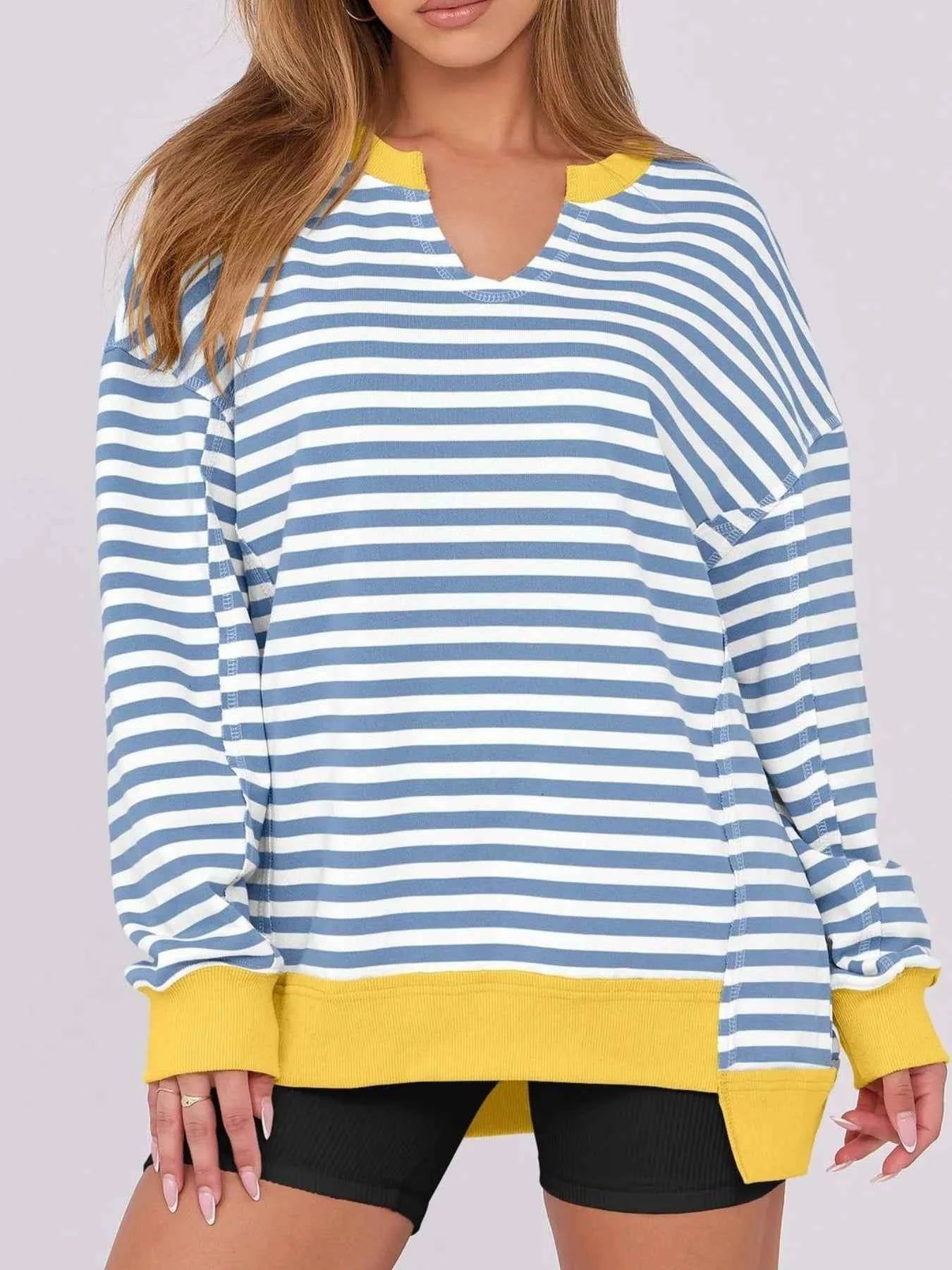 women_fashion - littlescollectionSweatshirt womenNotched Long Sleeve Oversized Contrast Trimming SweatshirtShip From Overseas