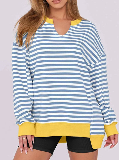 women_fashion - littlescollectionSweatshirt womenNotched Long Sleeve Oversized Contrast Trimming SweatshirtShip From Overseas