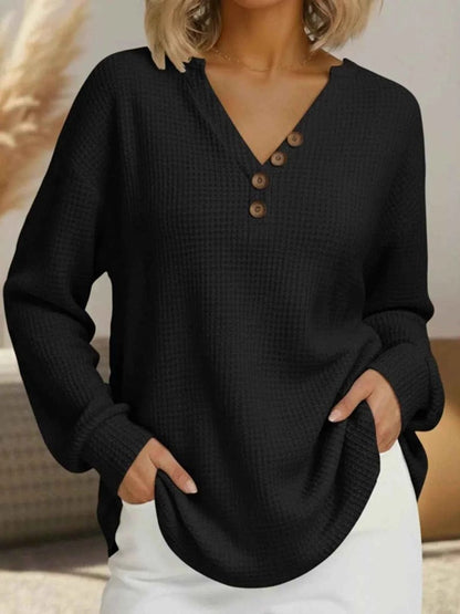 women_fashion - littlescollectionCasual Waffle Knit Long Sleeve T-Shirt Plus Size
