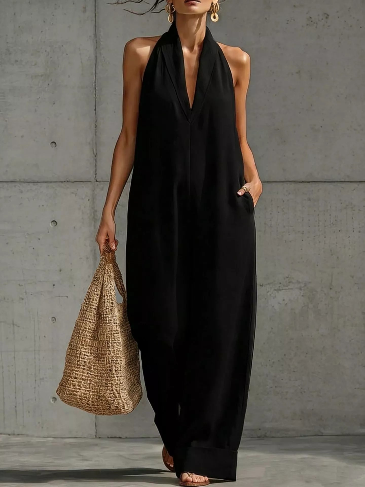 A woman models a black sleeveless halter jumpsuit with a deep V-neckline and side pockets, holding a woven straw tote bag against a textured gray concrete wall.