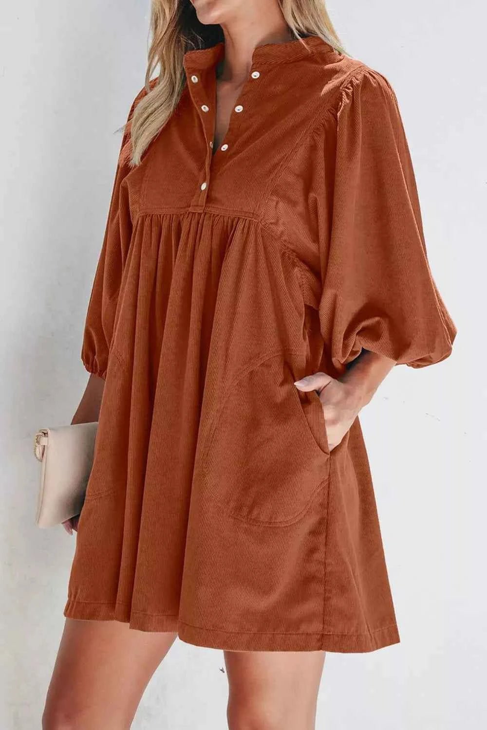 women_fashion - littlescollectionDressCorduroy Stand Collar Babydoll Cotton DressDress