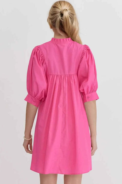 women_fashion - littlescollectionCotton dressFrill Notched Puff Sleeve Babydoll Mini Cotton DressBaggy dress cotton