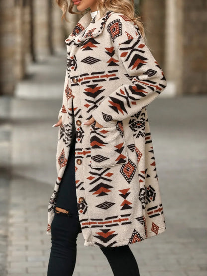 Person wearing a patterned coat with a blurred background