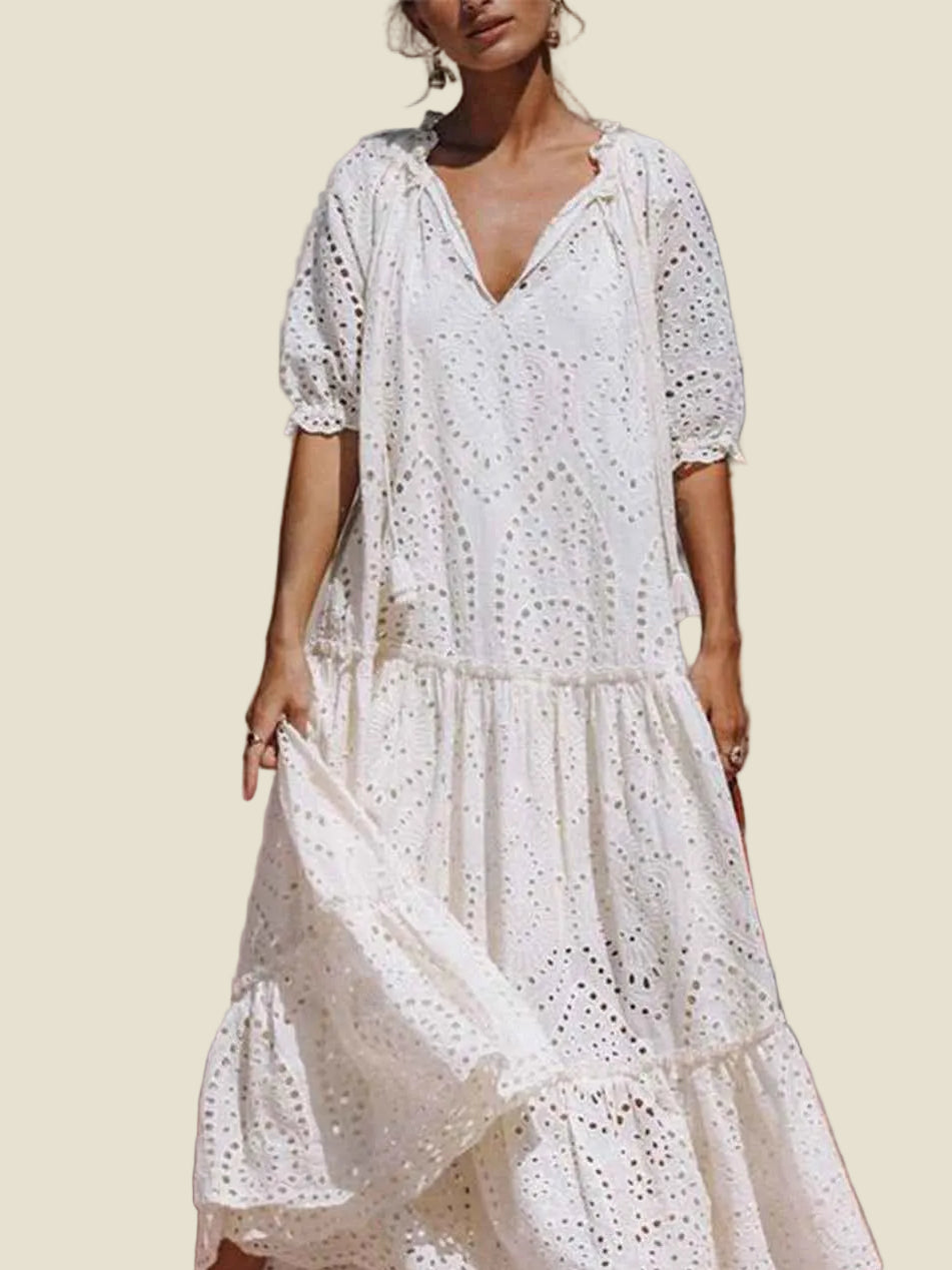 Tie Neck Half Sleeve Tiered White Dress
