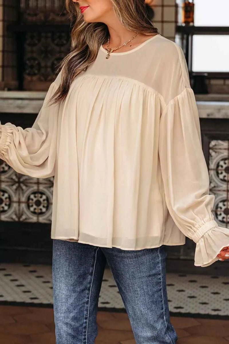 women_fashion - littlescollectionblouseRound Neck Ruffle Blouse Vintage Vibes Chic And Versatilerufflel sleeve blouse