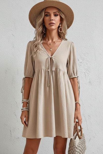 women_fashion - littlescollectionCotton dressV - Neck Tie - Front Mini Dress with Puff Sleeves boho littles edit 