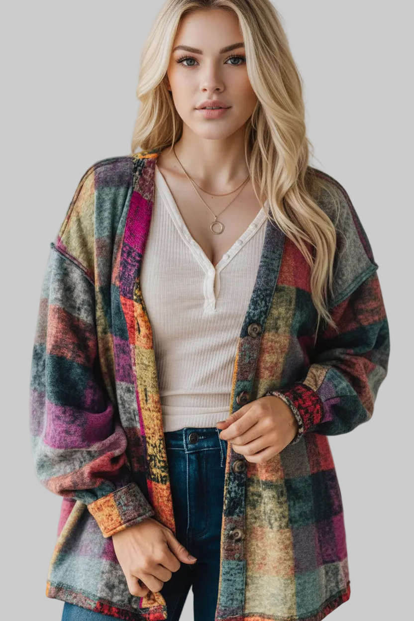 Woman wearing a colorful plaid cardigan over a white top and jeans against a white brick wall.