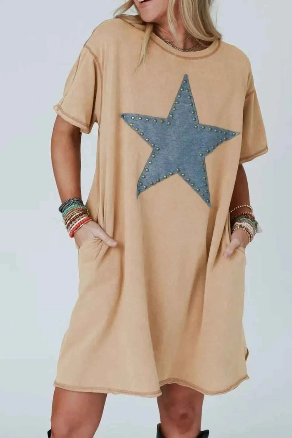 Stud Beaded Star Pocket Cotton Shirt Dress