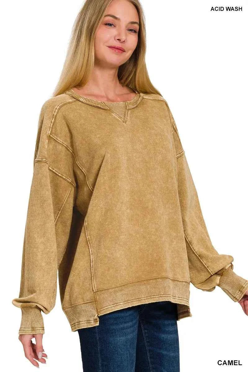 Zenana French Terry Acid Wash Pullover