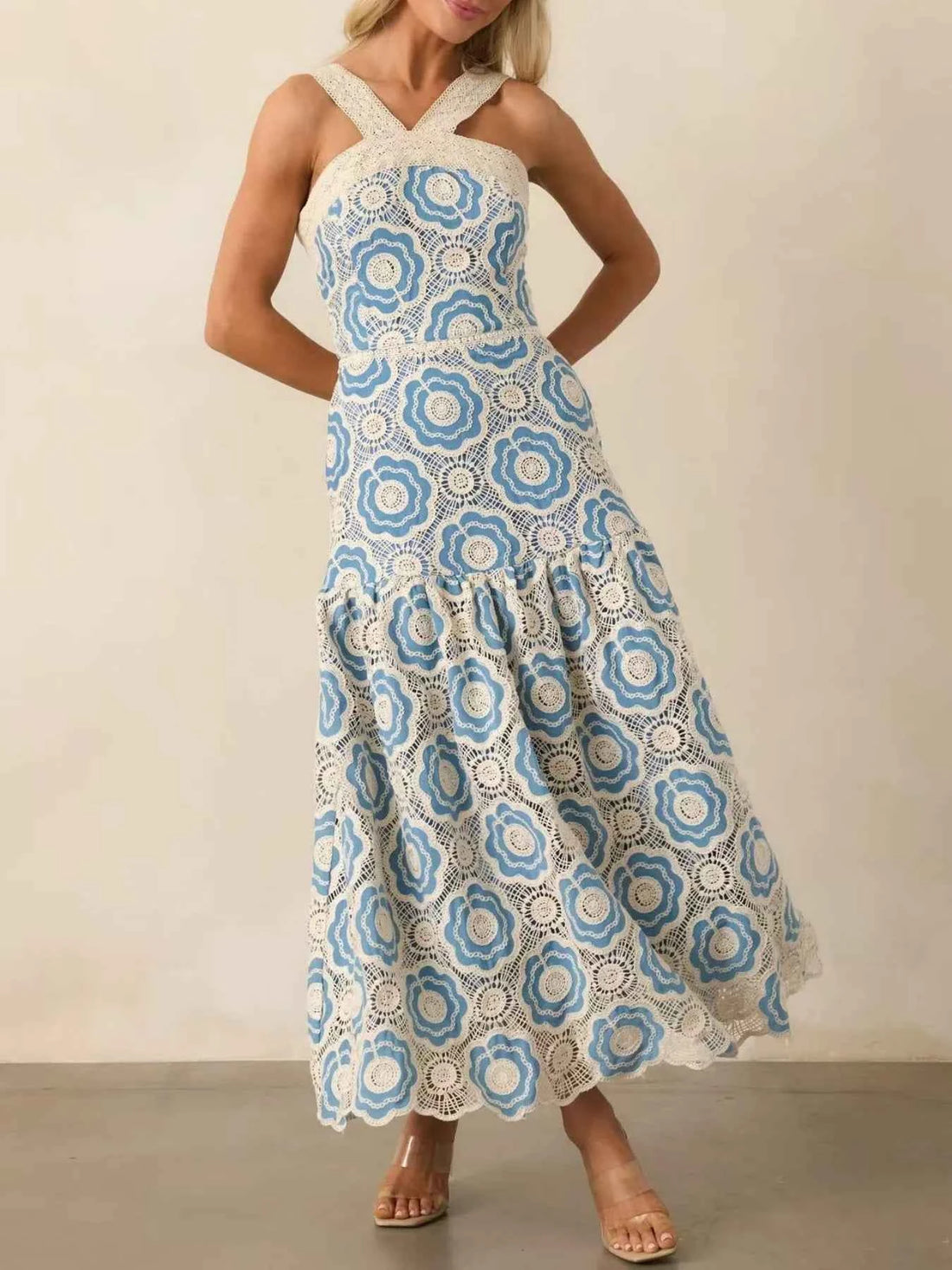 women_fashion - littlescollectionCotton dressLace Sleeveless Cotton Floral Print Tiered Long Dress