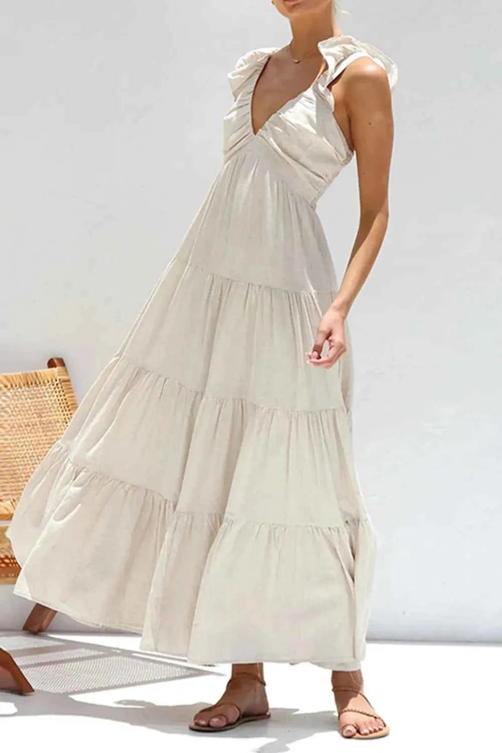 women_fashion - littlescollectionDressOff - White Cotton V - Neck Tiered Smoked Ruffled Long DressLinen long dresses