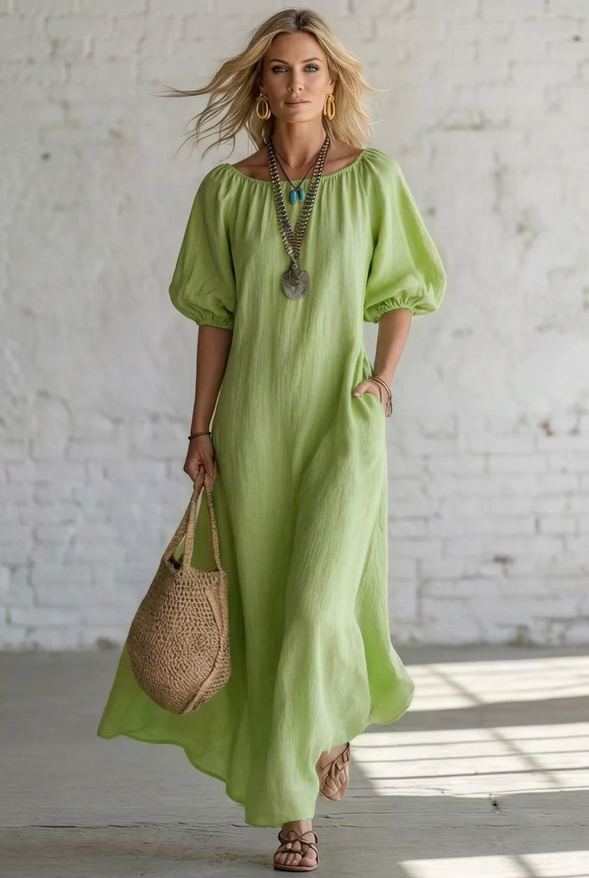 A woman wearing a flowing off-the-shoulder maxi dress in a light cream or green , styled with layered silver necklaces, gold hoop earrings, a woven straw tote bag, and strappy sandals, standing against a white brick wall.