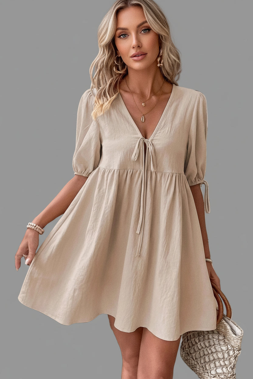 women_fashion - littlescollectionCotton dressV - Neck Tie - Front Mini Dress with Puff Sleeveslittlescollection
