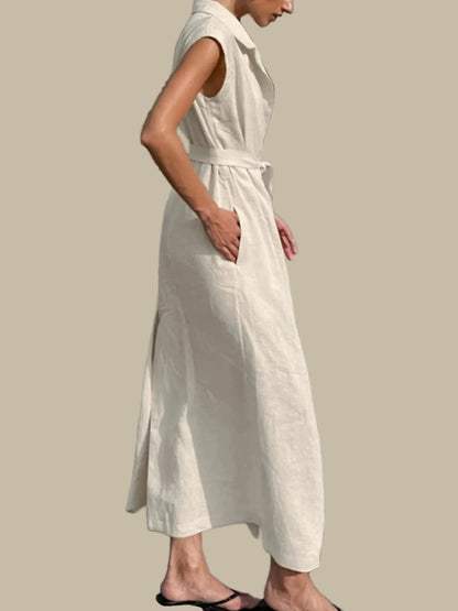 women_fashion - littlescollectionDressBelted Cap Sleeve Linen - Cotton Maxi DressChic Charm
