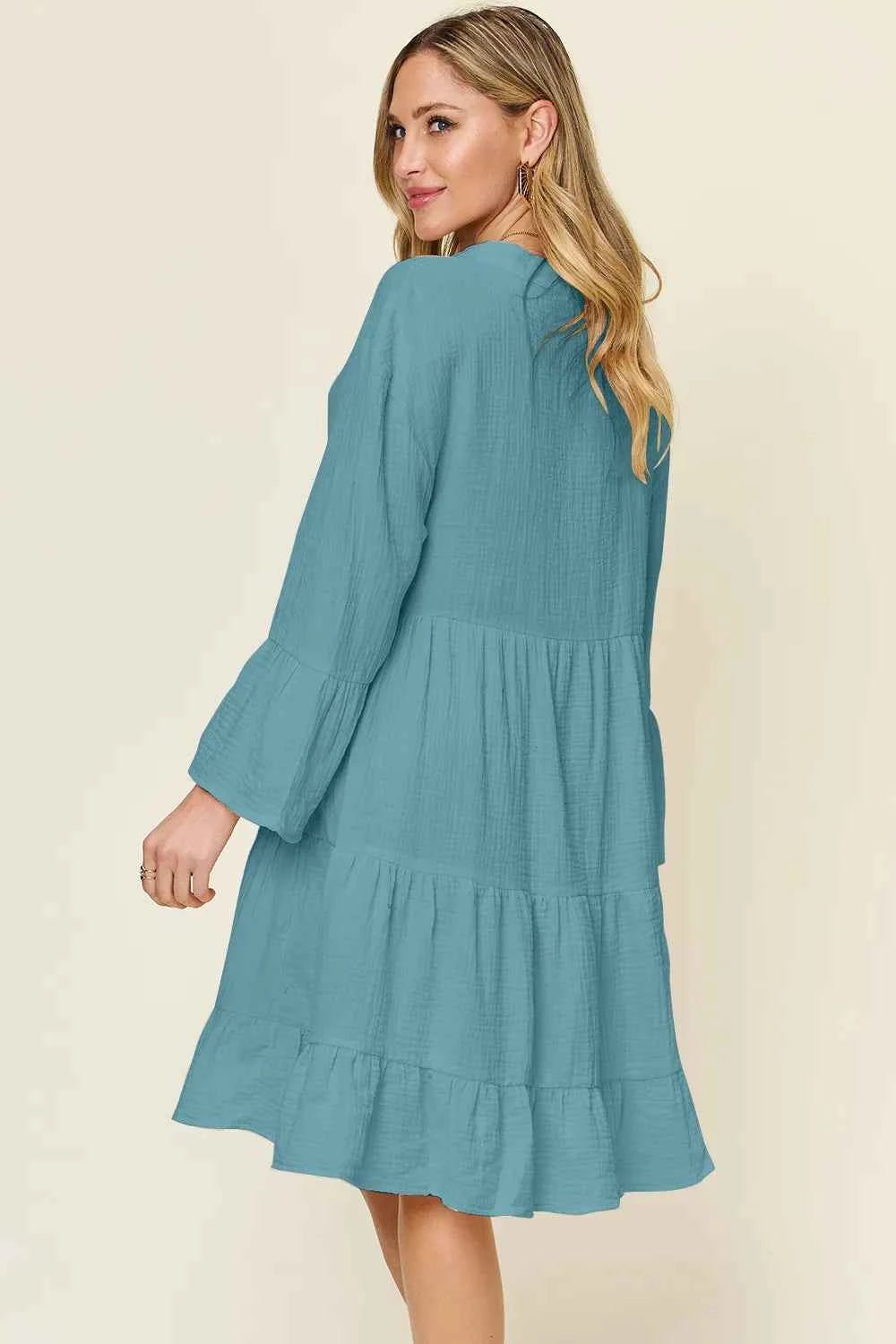 women_fashion - littlescollectionCotton dressTexture Button Up Ruffle Hem Cotton Dress Plus SizeBaggy dress cotton