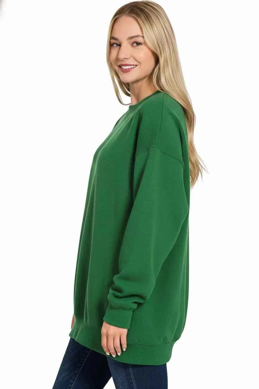 women_fashion - littlescollectionwomen sweaterGreen Oversized Round Neck Fleece Tunic Sweatshirt