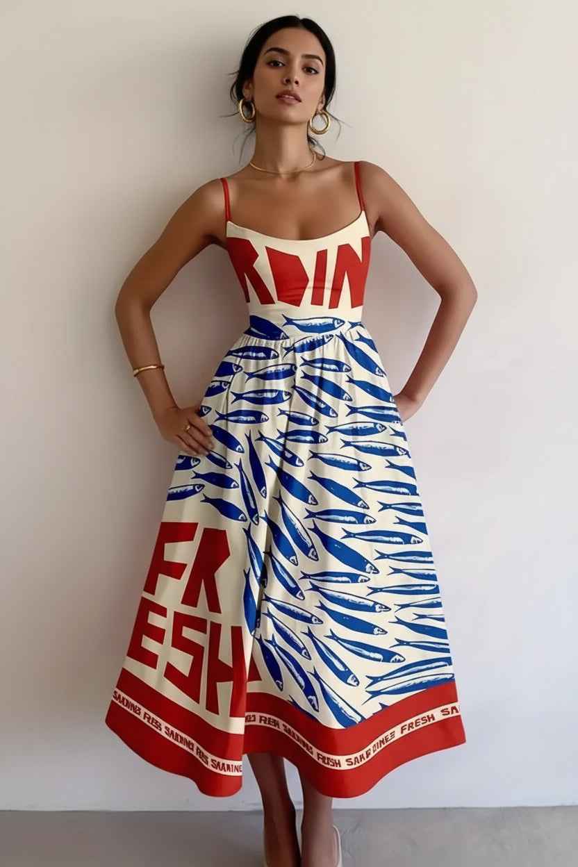 women_fashion - Sardine Print Spaghetti Strap Midi  Smocked Summer Dress midi dress