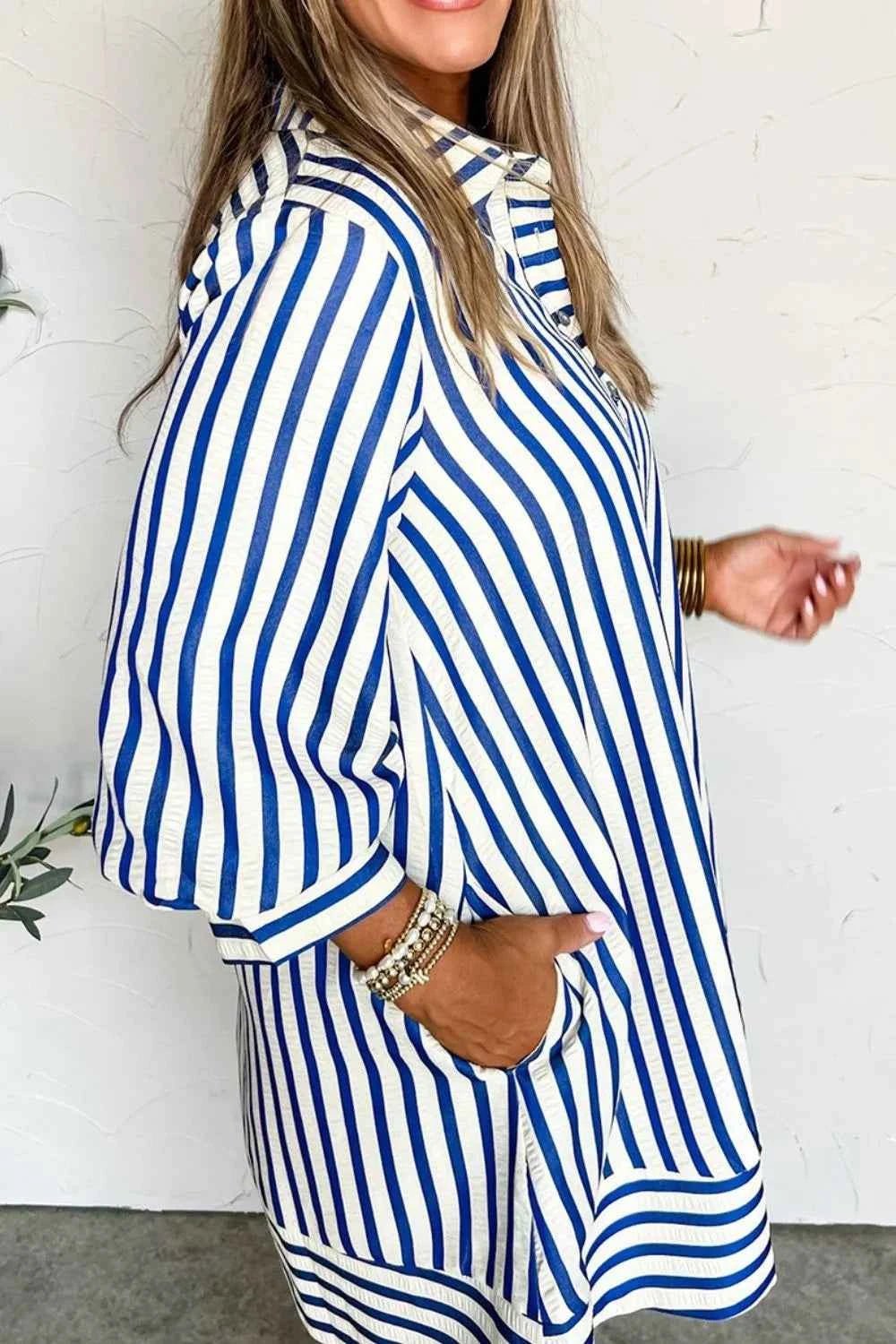 women_fashion - littlescollectionshort dressBlue Striped Button Front Relaxed Fit Cotton Dressbaggy dresses women